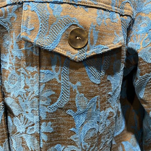KINDRED SPIRIT Floral Brocade Jacket Large Turquoise Waist Length Tooled Design - Picture 4 of 16
